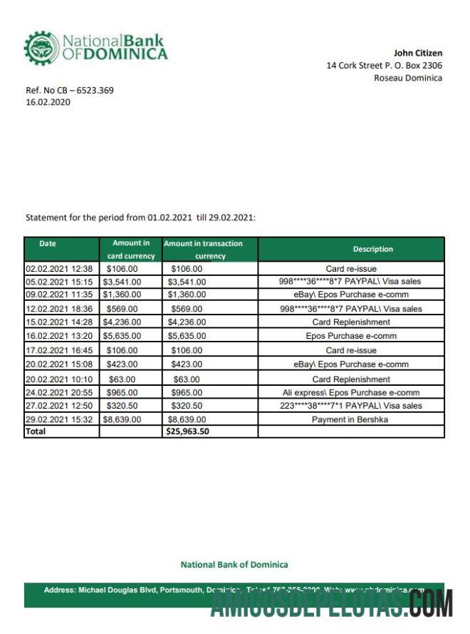 Extrato bancário do Dominica National Bank Of Dominica para download, modelo fácil de preencher em formato Excel e PDF